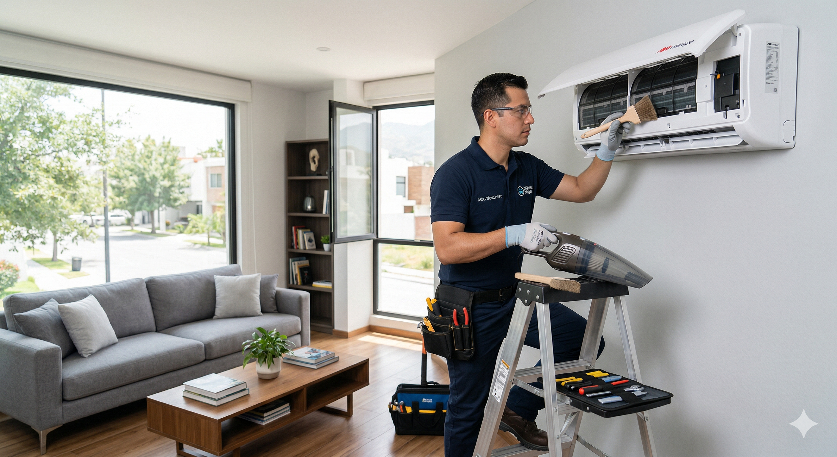 Técnico de Núcleo Hogar realizando mantenimiento de minisplit en Monterrey